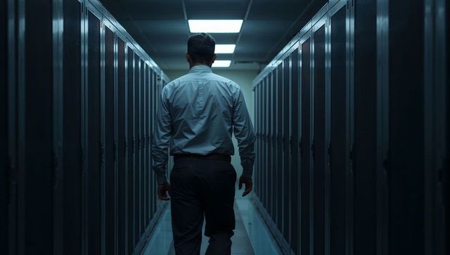Male technician walking down server rack aisle in blue-toned modern data center