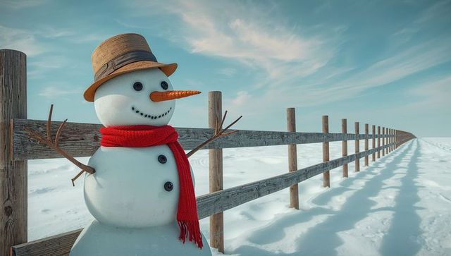 Cheerful snowman with hat and scarf by wooden fence in winter