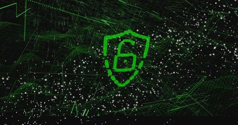 Neon Green Shield Emblem with Number 6 Over Futuristic Cyber Grid for Security Branding