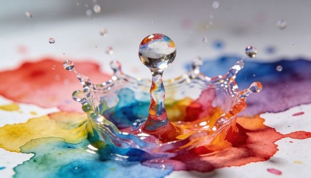 Colorful water droplet crown splash creating vertical column over watercolor washes