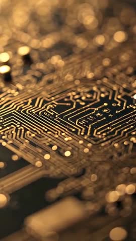Diagonal tracking vertical video revealing gold PCB traces with cinematic bokeh macro