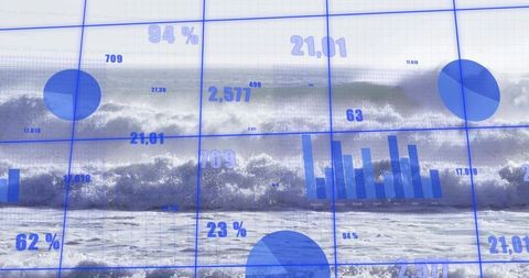 Waves crashing under digital analytics overlay, blue charts and pie graphs merging with seascape
