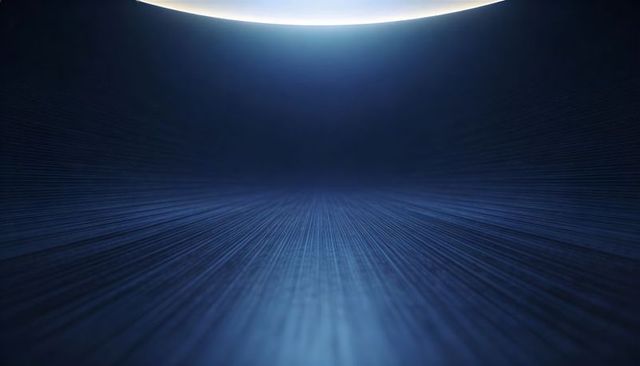 Futuristic curved blue chamber featuring ribbed floor, rim light and deep perspective