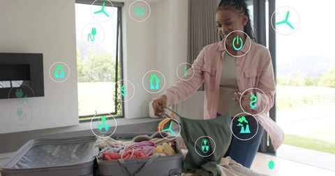 Woman packing sustainable wardrobe with eco icons visualizing green travel choices