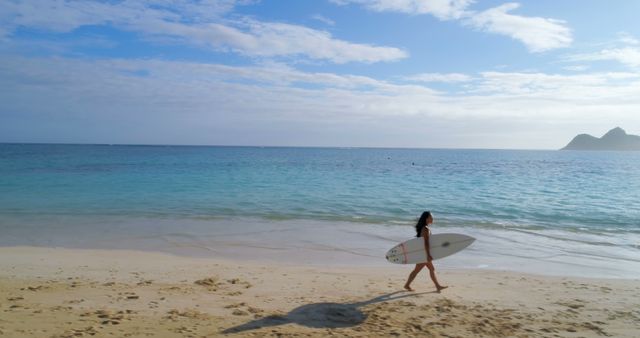 Woman Walking with Surfboard on Tropical Beach - Download Free Stock Images Pikwizard.com