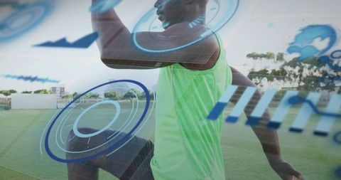Athlete performing dynamic knee raise with augmented hud fitness analytics on outdoor field