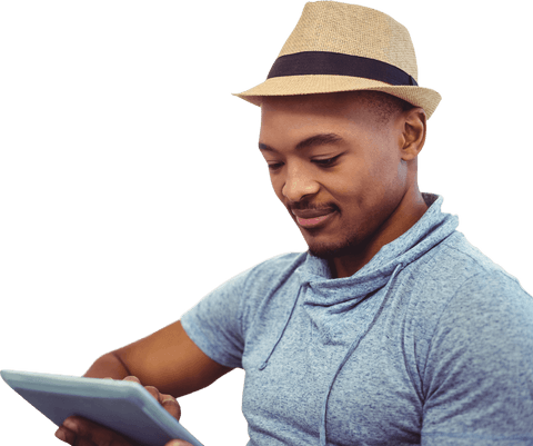 Smiling Biracial Man Using Tablet on Transparent Background - Download Free Stock Videos Pikwizard.com