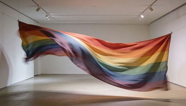 Suspended rainbow textile installation creating flowing arc in minimalist gallery space