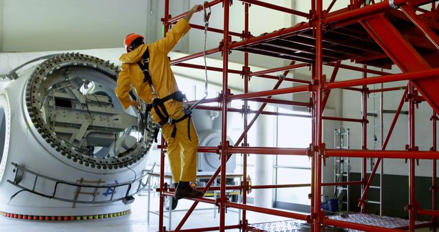 Construction worker in protective gear climbs a scaffold, with copy space. Captured in an industrial setting, the image emphasizes workplace safety.