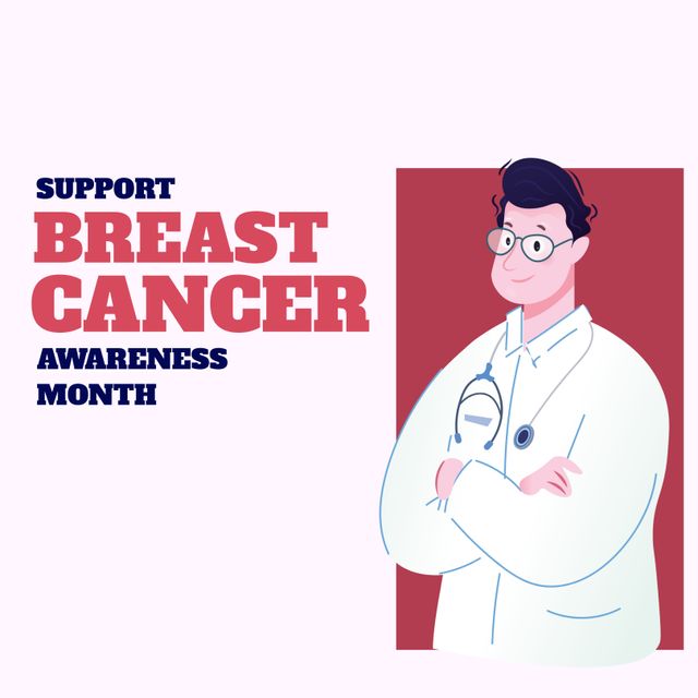 Composition of support breast cancer awareness month text with doctor icon. Breast cancer awareness month and celebration concept digitally generated video.