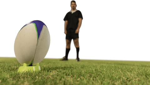 Transparent rugby player setting up kick on field sunny day