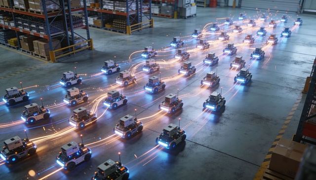 Fleet of autonomous mobile robots navigating smart warehouse with light trails for fulfillment logis
