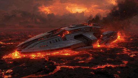 Futuristic spaceship crash landing on volcanic planet surface