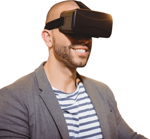 Happy Man Wearing Transparent Virtual Reality Headset