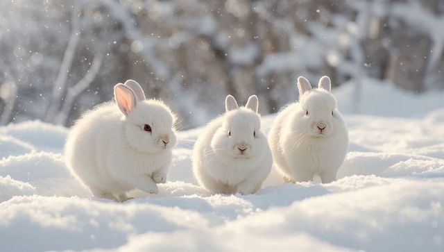 Three white baby rabbits huddling on snow with backlit snowflakes and soft rim light