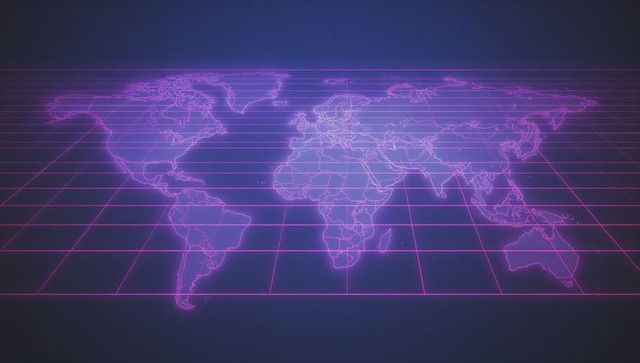 Holographic World Map on Neon Grid Illustrating Futuristic Technology