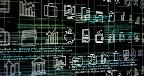 Neon cyber dashboard with floating white icons and green code grid visualizing analytics
