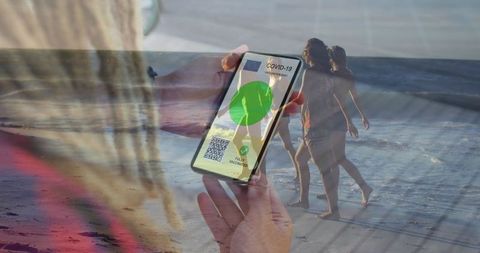Double exposure smartphone and beach walk, modern digital life