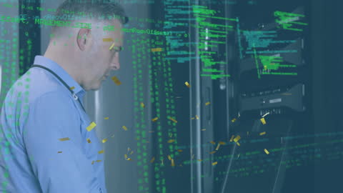 Caucasian Man Analyzing Data on Laptop with Technology Overlay