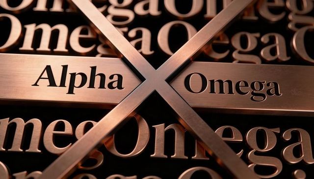 Bronze alpha omega embossed plaque with crossed brushed-metal bars and warm lighting art