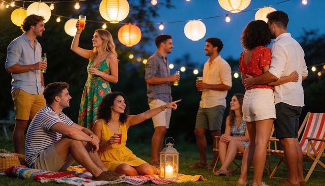 Group toasting under string lights at twilight backyard picnic party with lantern