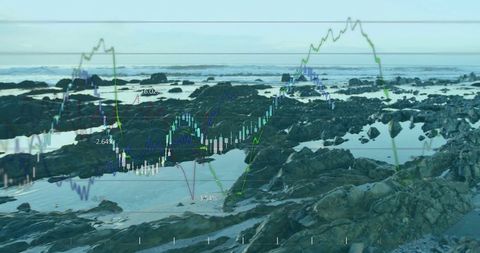 Candlestick overlays on rocky shoreline with tidal pools