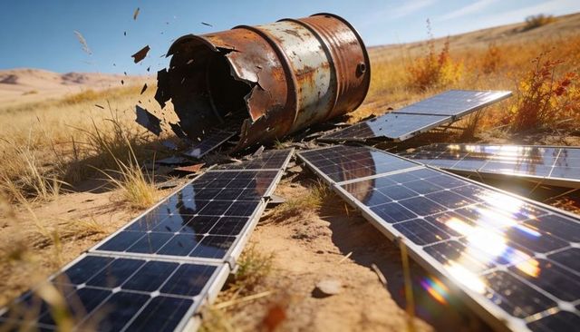Rusting barrel shattering over solar panels on dry grassland, solar waste and pollution