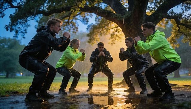 Team training in rain doing squats under tree wearing neon waterproof jackets at dusk