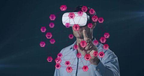 Man using vr headset with futuristic digital interface