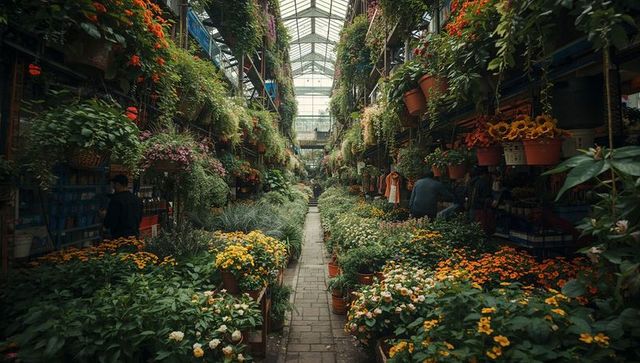 Glasshouse aisle overflowing with hanging baskets, potted blooms and lush vertical plants