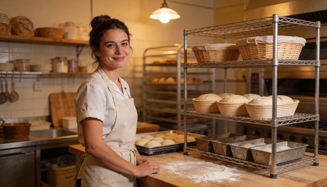 Smiling baker kneading dough in artisan bakery kitchen with bannetons and proofing racks