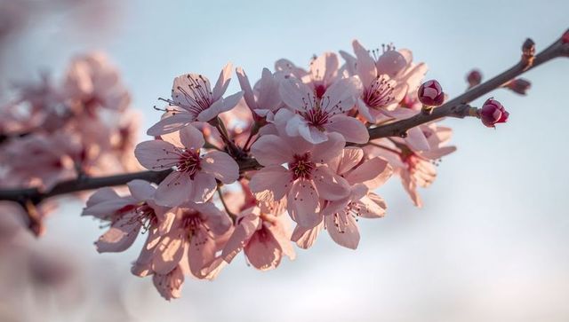 Pale pink cherry blossoms blooming on branch with soft bokeh pastel spring light