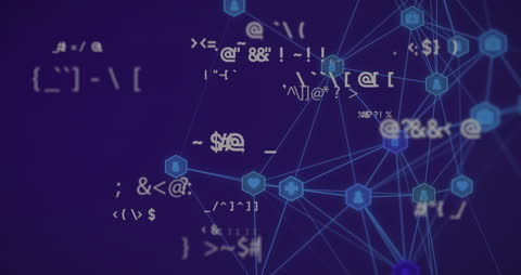 Digital Network with Symbols and Vectors on Blue Background