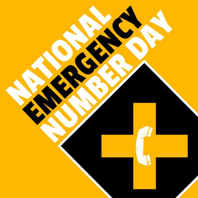 This graphic features a stylized design for National Emergency Number Day, prominently displaying bold text and a phone icon set against a vivid yellow backdrop. This eye-catching image can be used for promotional materials, social media posts, or educational content related to raising awareness of emergency services. The bright colors and clear message effectively draw attention to the importance of emergency communication and public readiness.