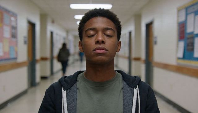 Teen student standing with eyes closed in high school hallway contemplating, calm moment