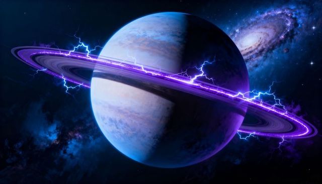 Electrified Purple-Ringed Gas Giant in Deep Space with Spiral Galaxy and Nebula