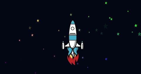 Colorful rocket animation with shimmering stars background