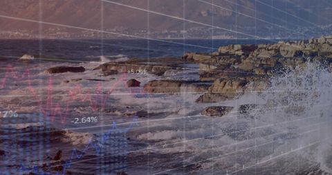 Rocky coastline merging with translucent financial charts showing market volatility