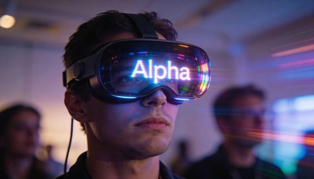 Young man testing vr headset with alpha visor display at futuristic tech demo