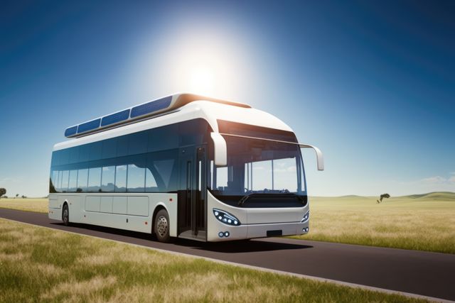 This image showcases an electric bus equipped with solar panels traveling on a countryside road under a clear blue sky. The bus is a representation of sustainable and eco-friendly public transportation options. This image can be used for promoting green technology, renewable energy projects, sustainable transportation, or illustrating articles and blogs about eco-friendly solutions and innovations in public transportation.