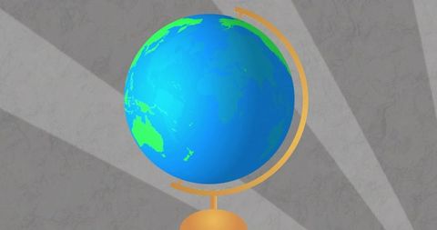 Minimalist globe showing australia and new zealand on gold stand with radial gray backdrop