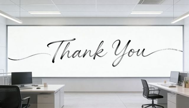 Minimalist corporate office featuring large thank you handwritten mural over workstations
