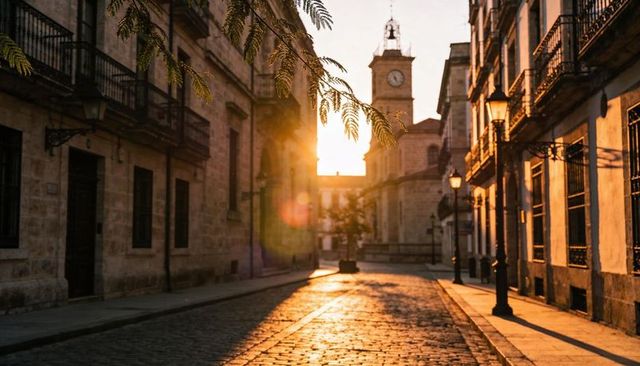 Sunlight bathing cobblestone street leading toward clock tower, golden hour historic town