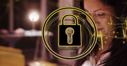 Neon padlock protecting laptop data with circuit network overlay and businesswoman
