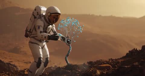 Astronaut Discovering Blue Sapling on Mars