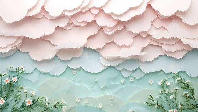 Pastel layered paper clouds over aqua wavy hills with delicate white blossoms