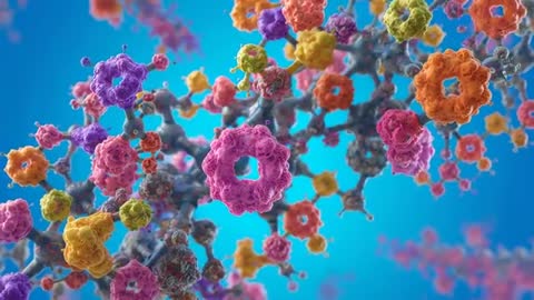 Colorful Molecular Structure Animation in Blue Backdrop