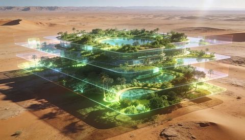Futuristic terraced oasis floating in desert with neon-lit pools and glass architecture