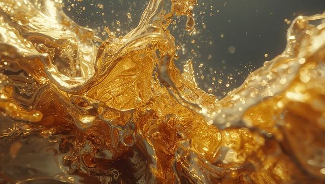 Abstract gold liquid waves with droplets on dark backdrop