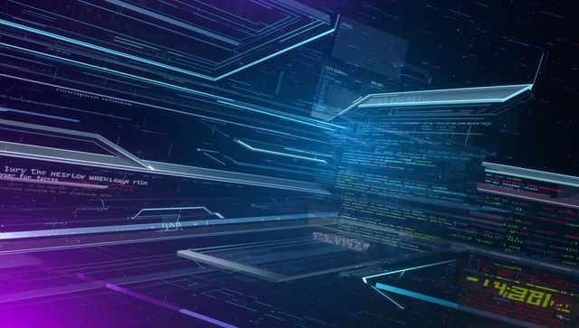 Streaming holographic data panels moving through neon 3d network with scrolling code